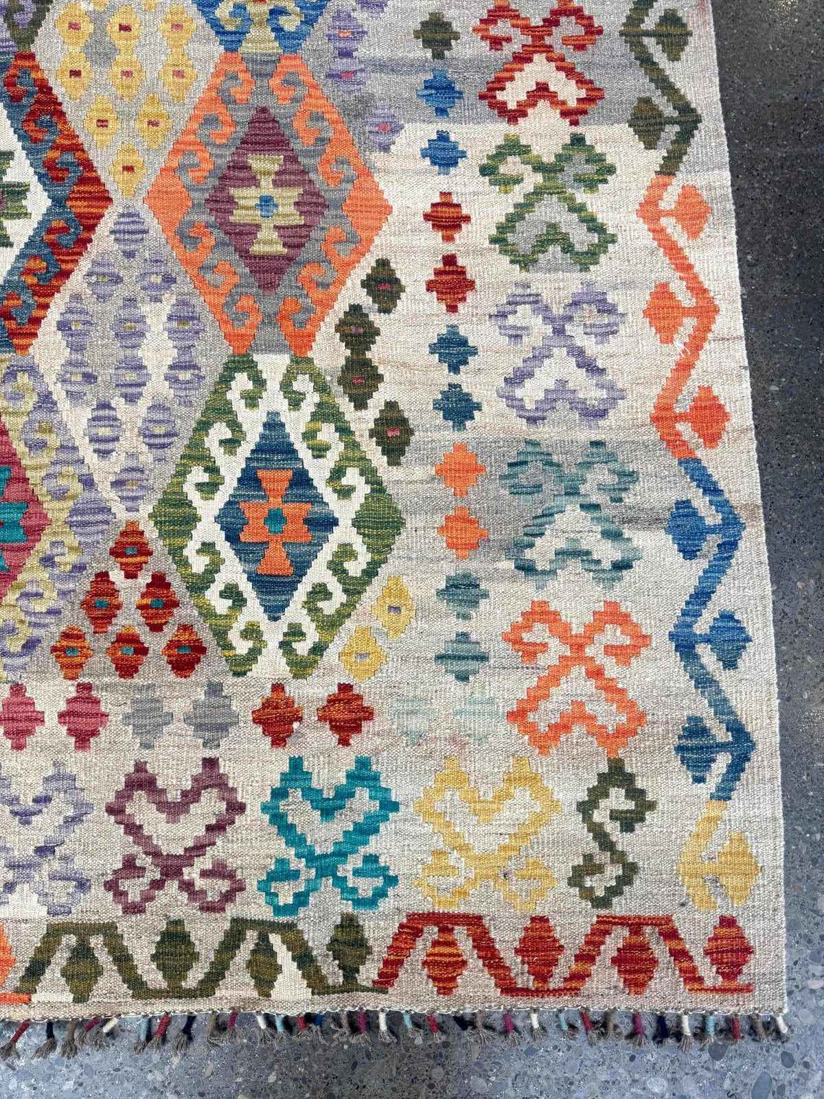 Afghan Maimana Kilim — Pastel Diamonds on Ivory | 7' × 9'11"
