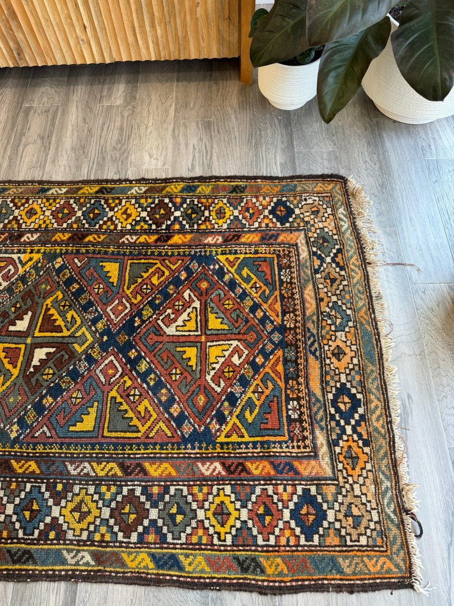 Antique Shahsavan Runner — Indigo & Saffron Tribal Geometry | 3'5" × 9'6"