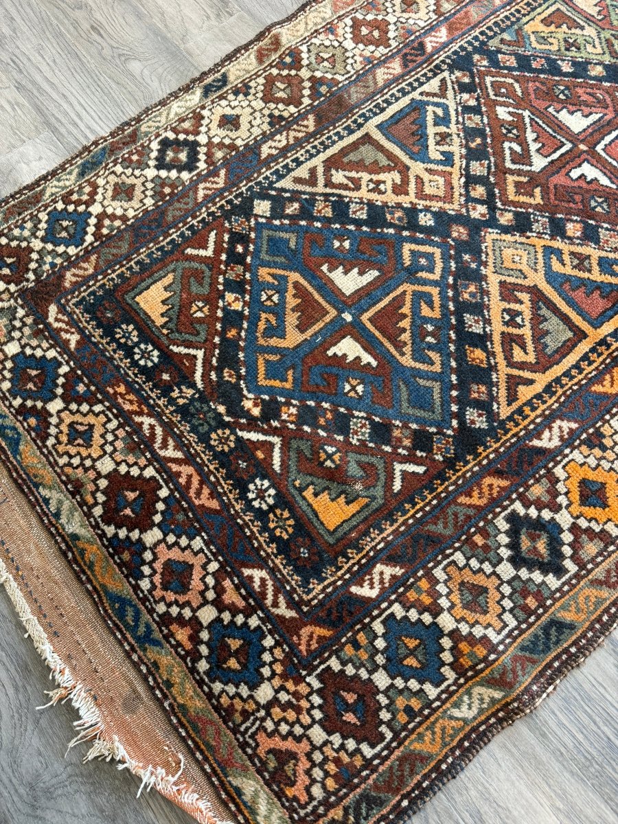 Antique Shahsavan Runner — Indigo & Saffron Tribal Geometry | 3'5" × 9'6"