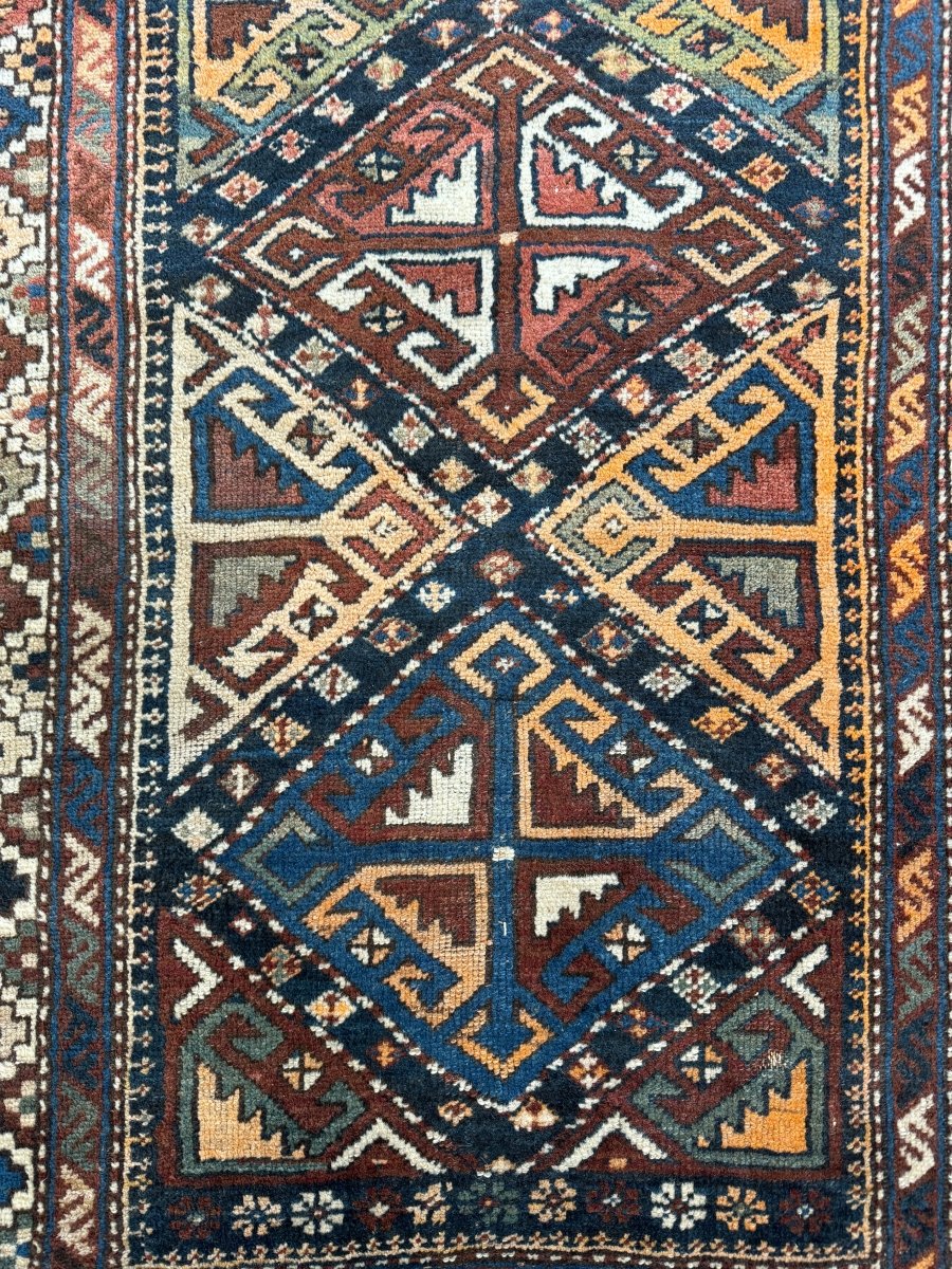 Antique Shahsavan Runner — Indigo & Saffron Tribal Geometry | 3'5" × 9'6"