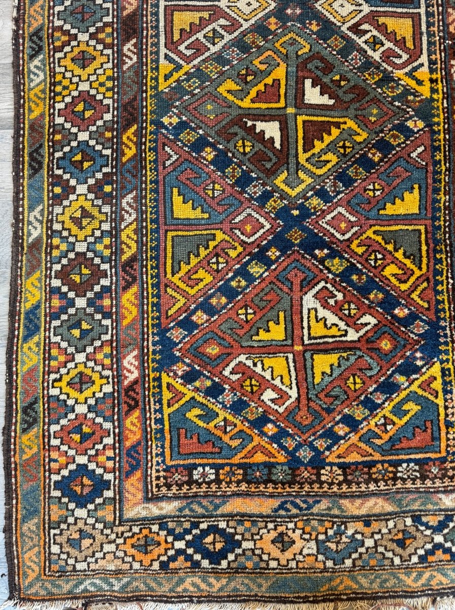 Antique Shahsavan Runner — Indigo & Saffron Tribal Geometry | 3'5" × 9'6"