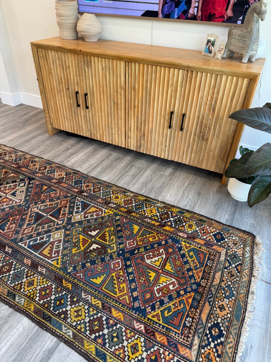 Antique Shahsavan Runner — Indigo & Saffron Tribal Geometry | 3'5" × 9'6"