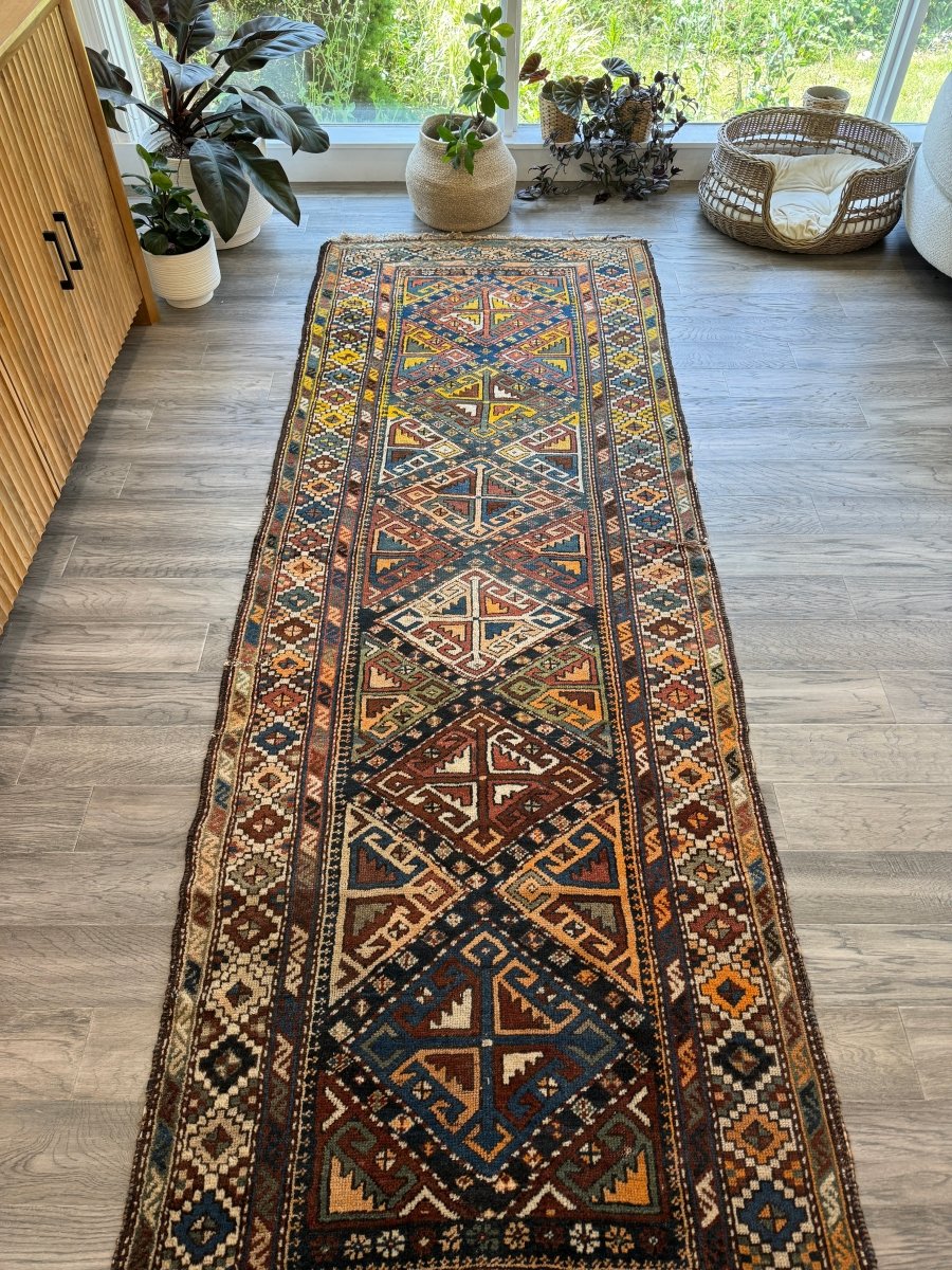 Antique Shahsavan Runner — Indigo & Saffron Tribal Geometry | 3'5" × 9'6"