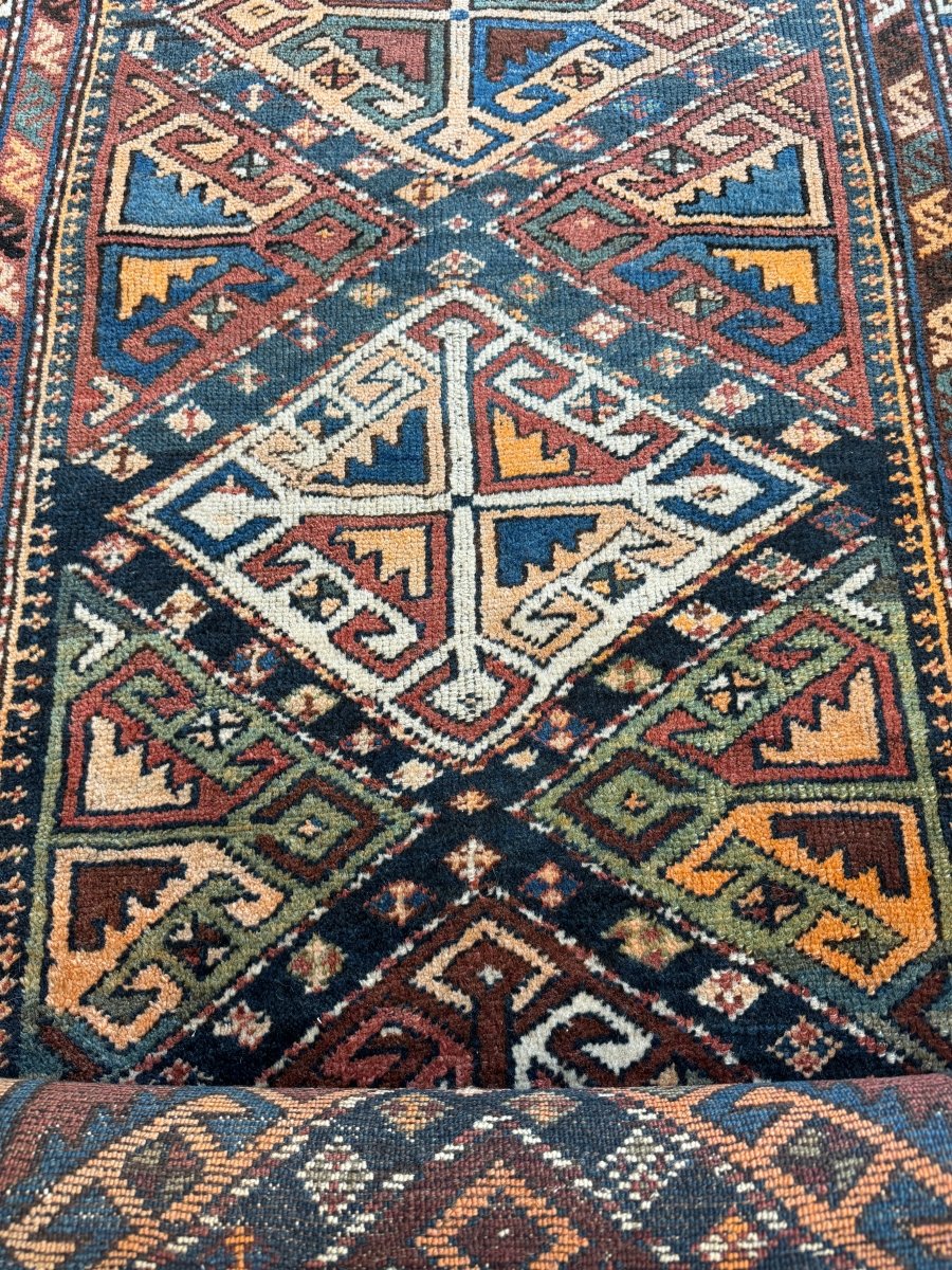 Antique Shahsavan Runner — Indigo & Saffron Tribal Geometry | 3'5" × 9'6"