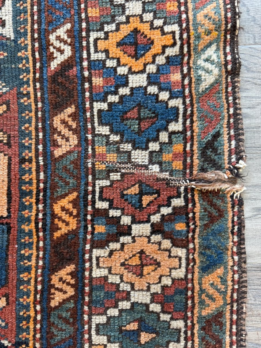 Antique Shahsavan Runner — Indigo & Saffron Tribal Geometry | 3'5" × 9'6"