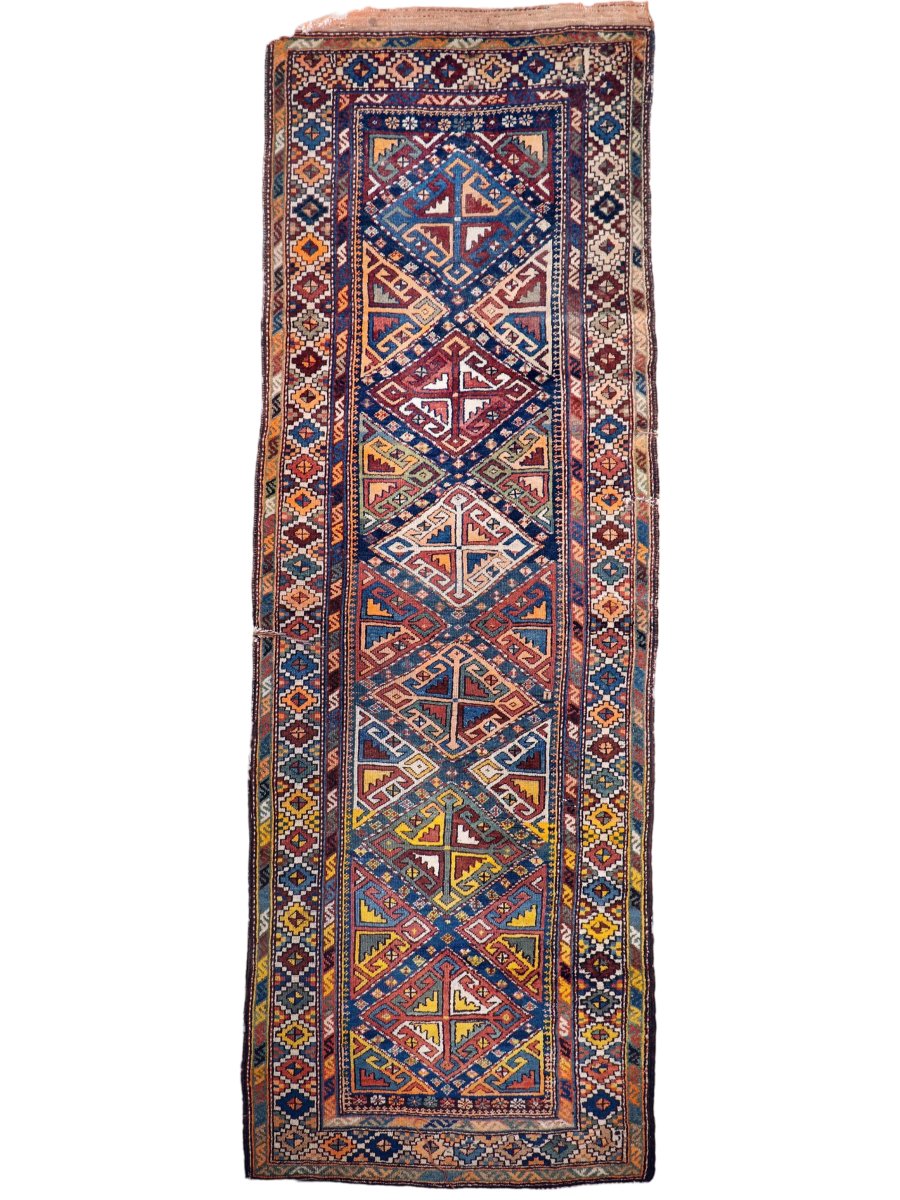 Antique Shahsavan Runner — Indigo & Saffron Tribal Geometry | 3'5" × 9'6"