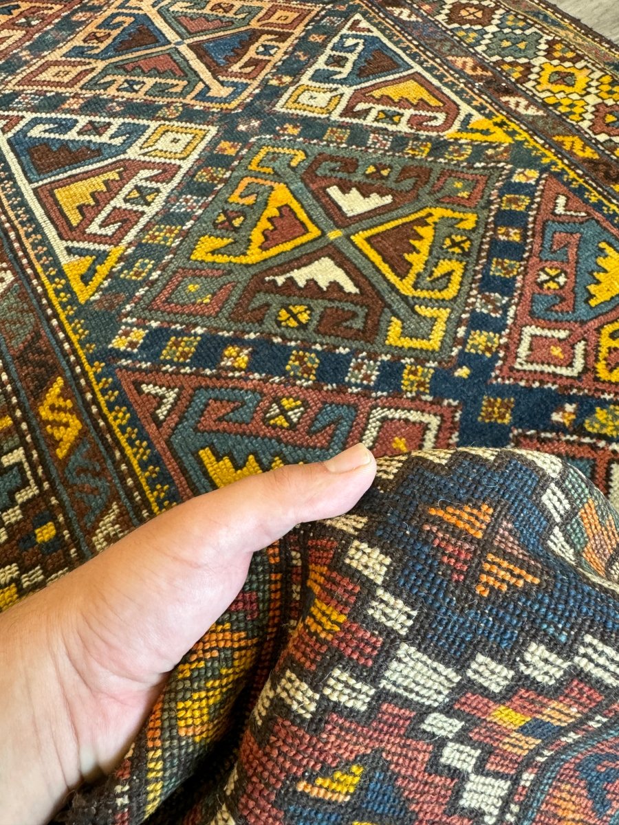 Antique Shahsavan Runner — Indigo & Saffron Tribal Geometry | 3'5" × 9'6"