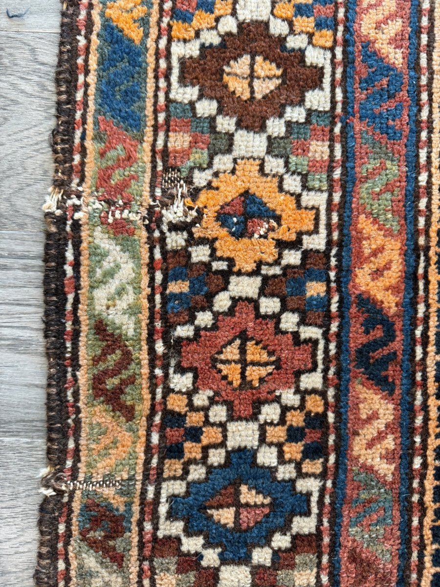 Antique Shahsavan Runner — Indigo & Saffron Tribal Geometry | 3'5" × 9'6"