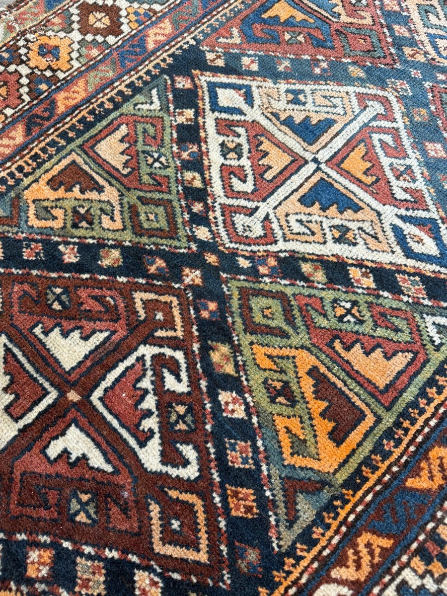 Antique Shahsavan Runner — Indigo & Saffron Tribal Geometry | 3'5" × 9'6"