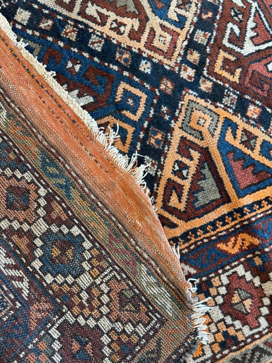 Antique Shahsavan Runner — Indigo & Saffron Tribal Geometry | 3'5" × 9'6"
