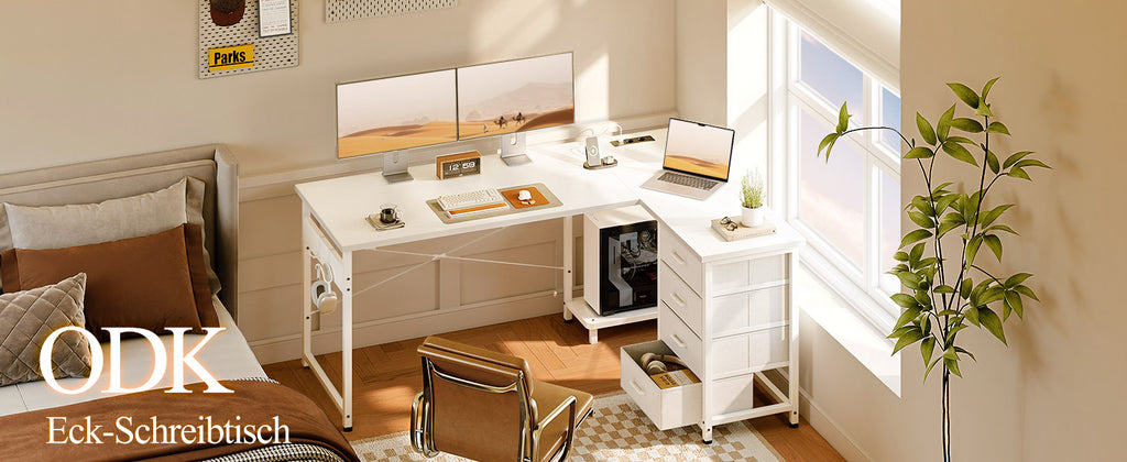 Colehome Corner desk with 4 Drawers, Reversible desk with Home Office Storage, 135 × 100 cm Bianco