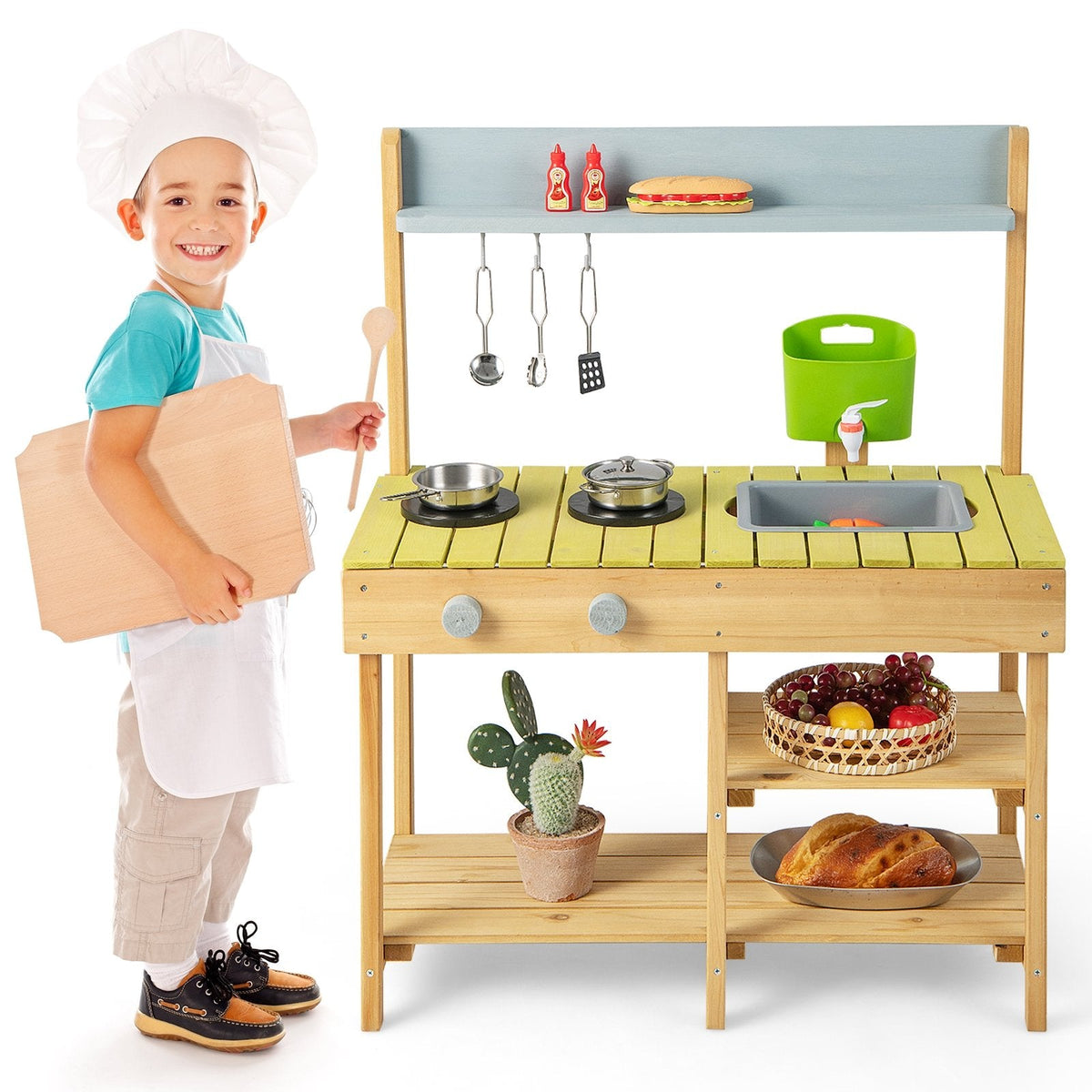 Outdoor-Spielküche aus Tannenholz für Kinder mit Wasserbehälter, Wasserhahn und Kochfeld