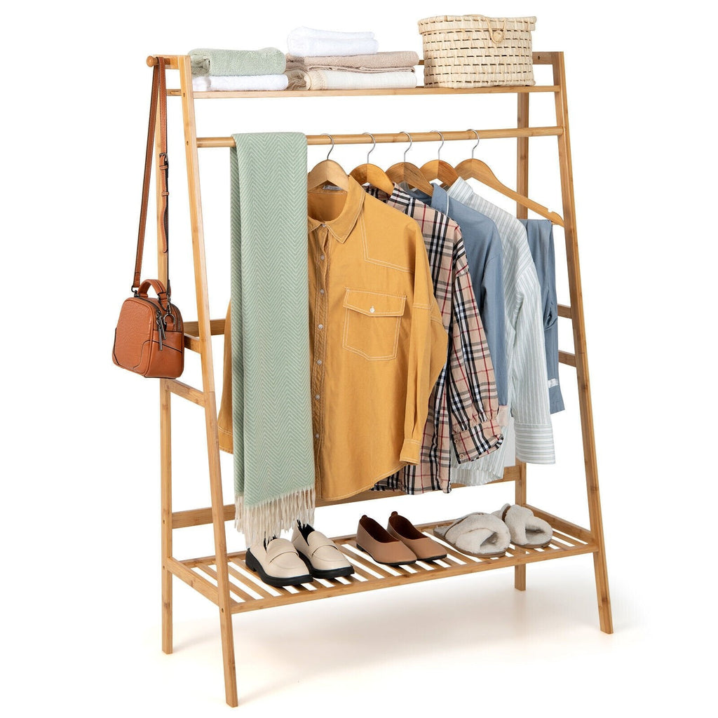 Burro de ropa de bambú con estantes de almacenamiento - Natural