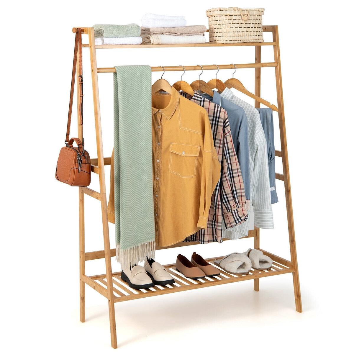 Burro de ropa de bambú con estantes de almacenamiento - Natural