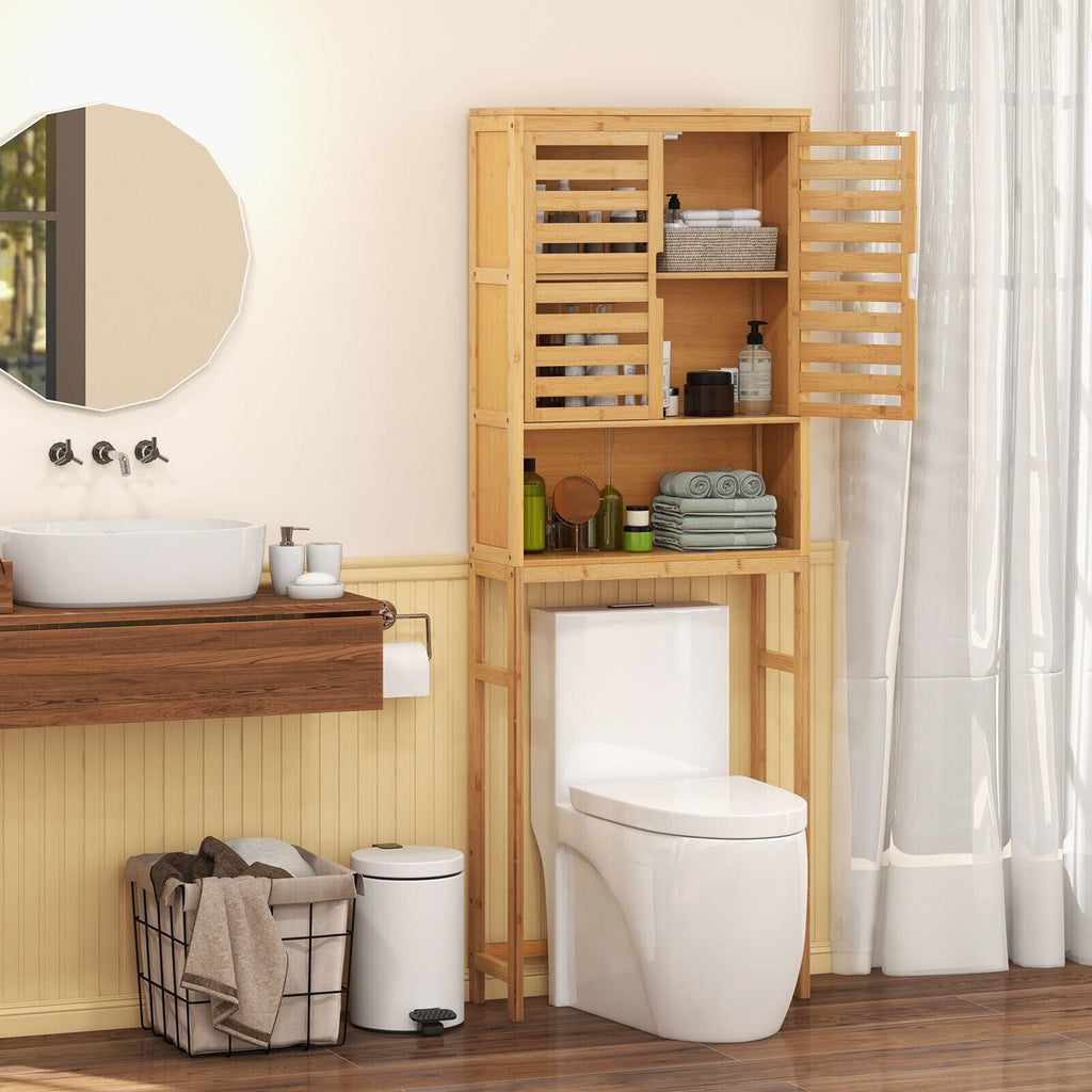 Meuble de rangement de salle de bain en bambou à placer au-dessus des toilettes avec étagère réglable - Naturel