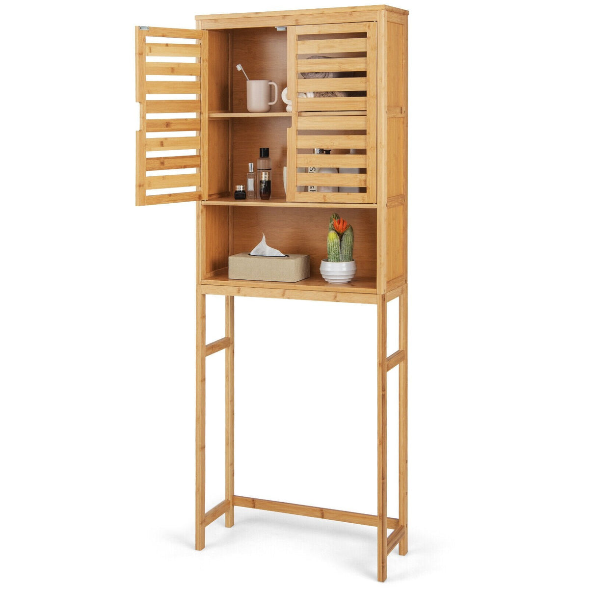Meuble de rangement de salle de bain en bambou à placer au-dessus des toilettes avec étagère réglable - Naturel