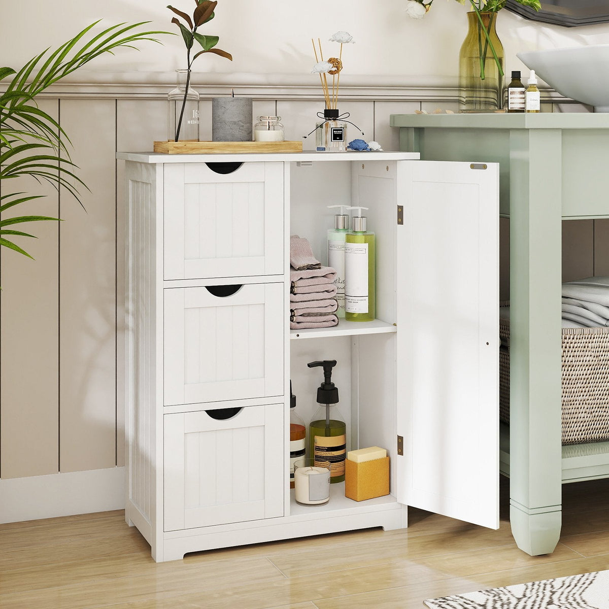 Badezimmer-Unterschrank, Boden-Nebenschrank mit 3 Schubladen und 1 Schrankfächern – Weiß