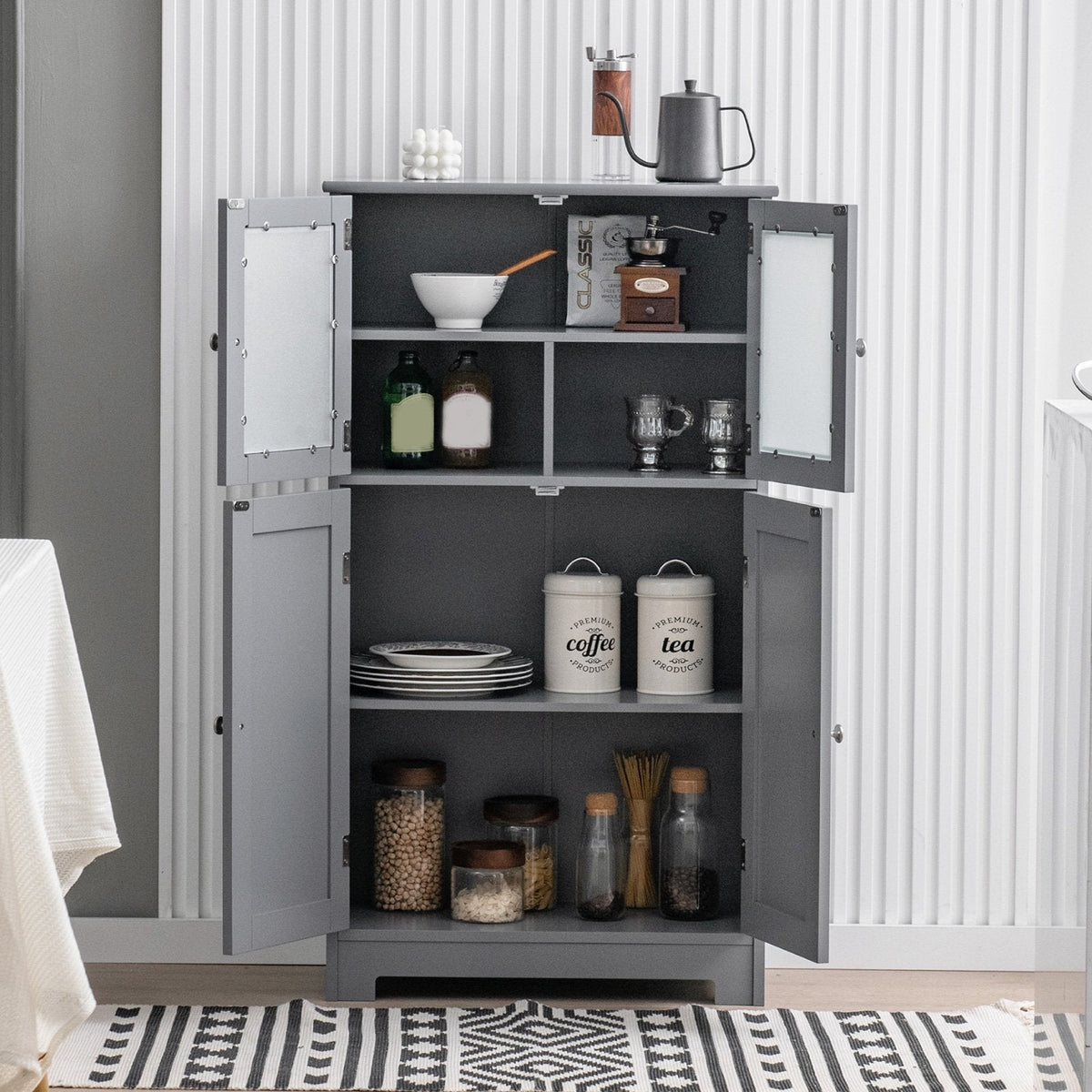 Meuble de rangement de salle de bains au sol, armoire de cuisine avec portes et étagère réglable - Gris