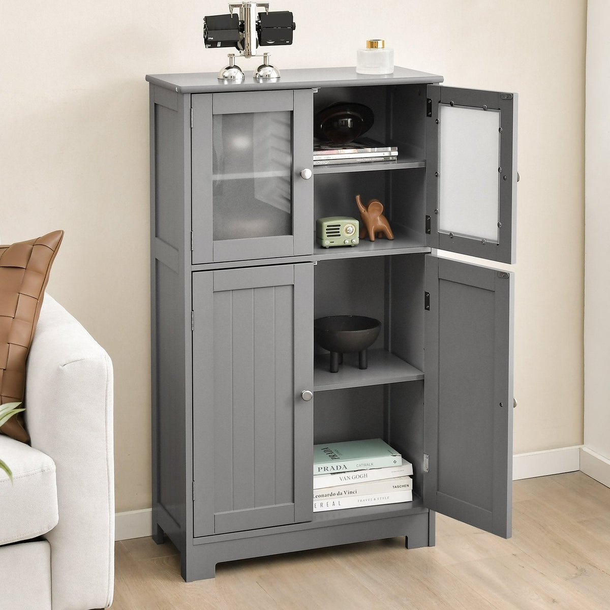 Meuble de rangement de salle de bains au sol, armoire de cuisine avec portes et étagère réglable - Gris