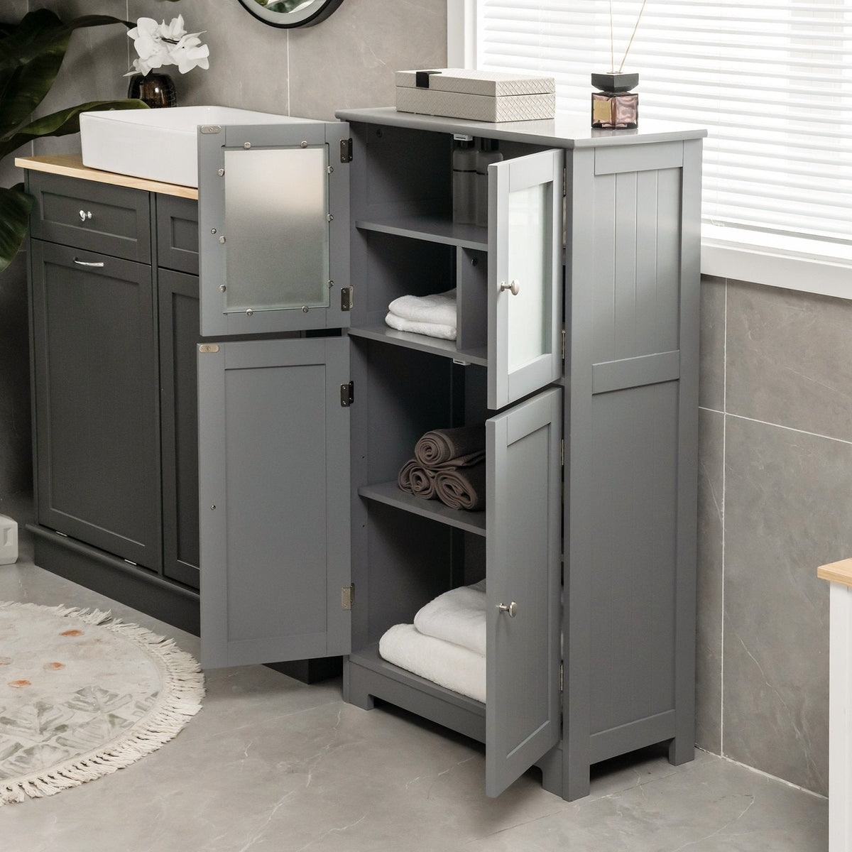 Meuble de rangement de salle de bains au sol, armoire de cuisine avec portes et étagère réglable - Gris