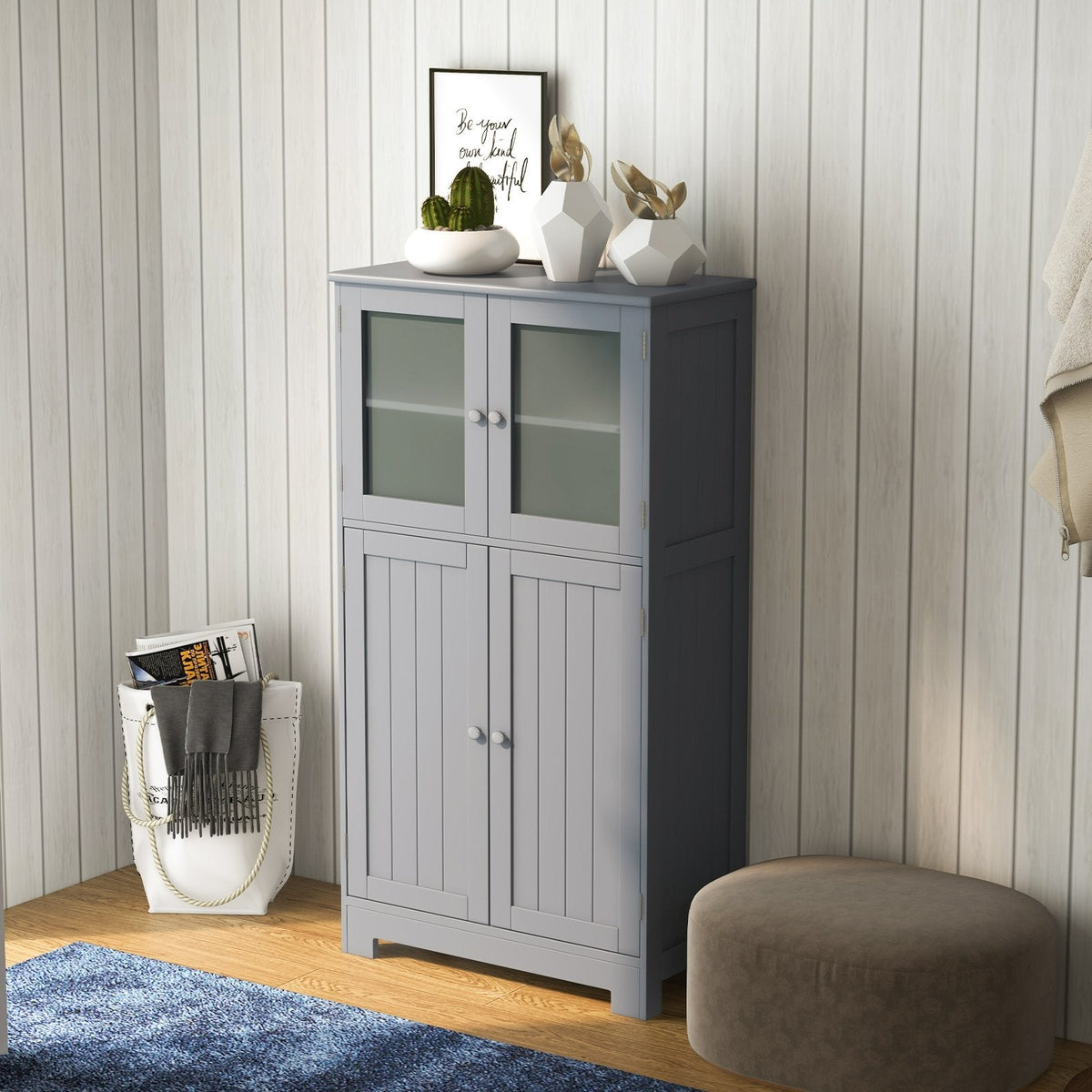 Meuble de rangement de salle de bains au sol, armoire de cuisine avec portes et étagère réglable - Gris