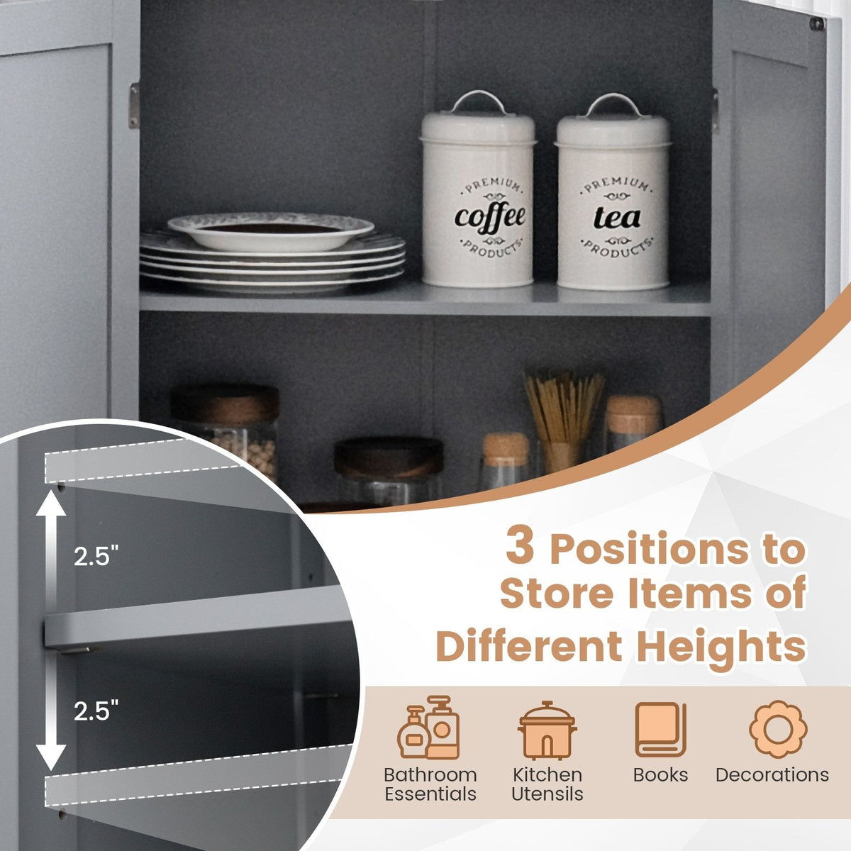 Meuble de rangement de salle de bains au sol, armoire de cuisine avec portes et étagère réglable - Gris