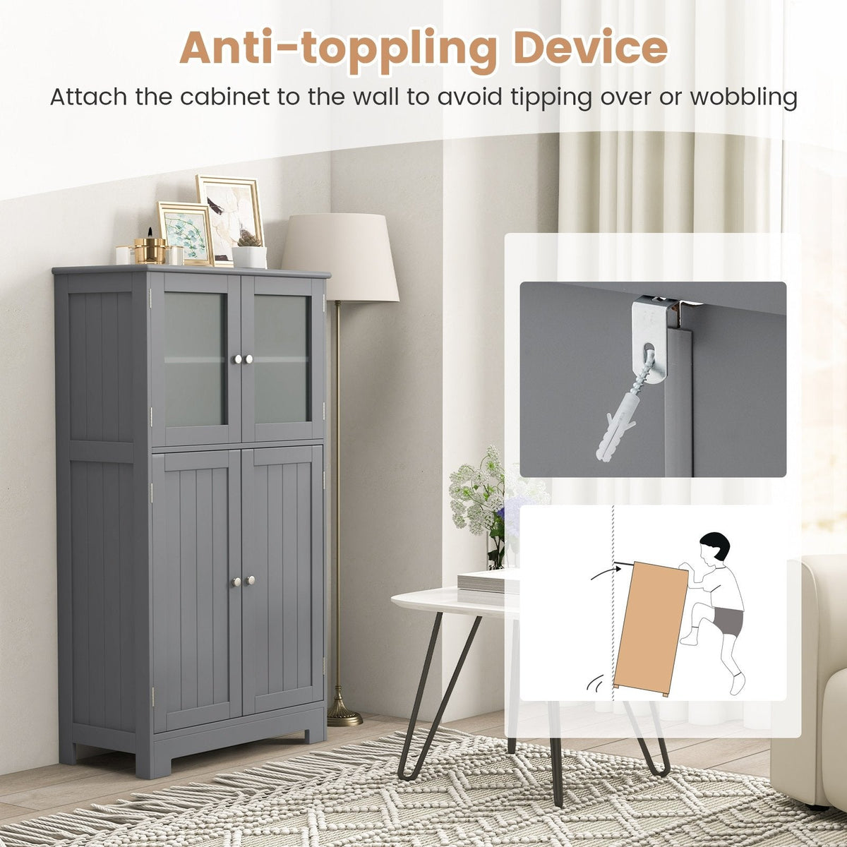 Meuble de rangement de salle de bains au sol, armoire de cuisine avec portes et étagère réglable - Gris