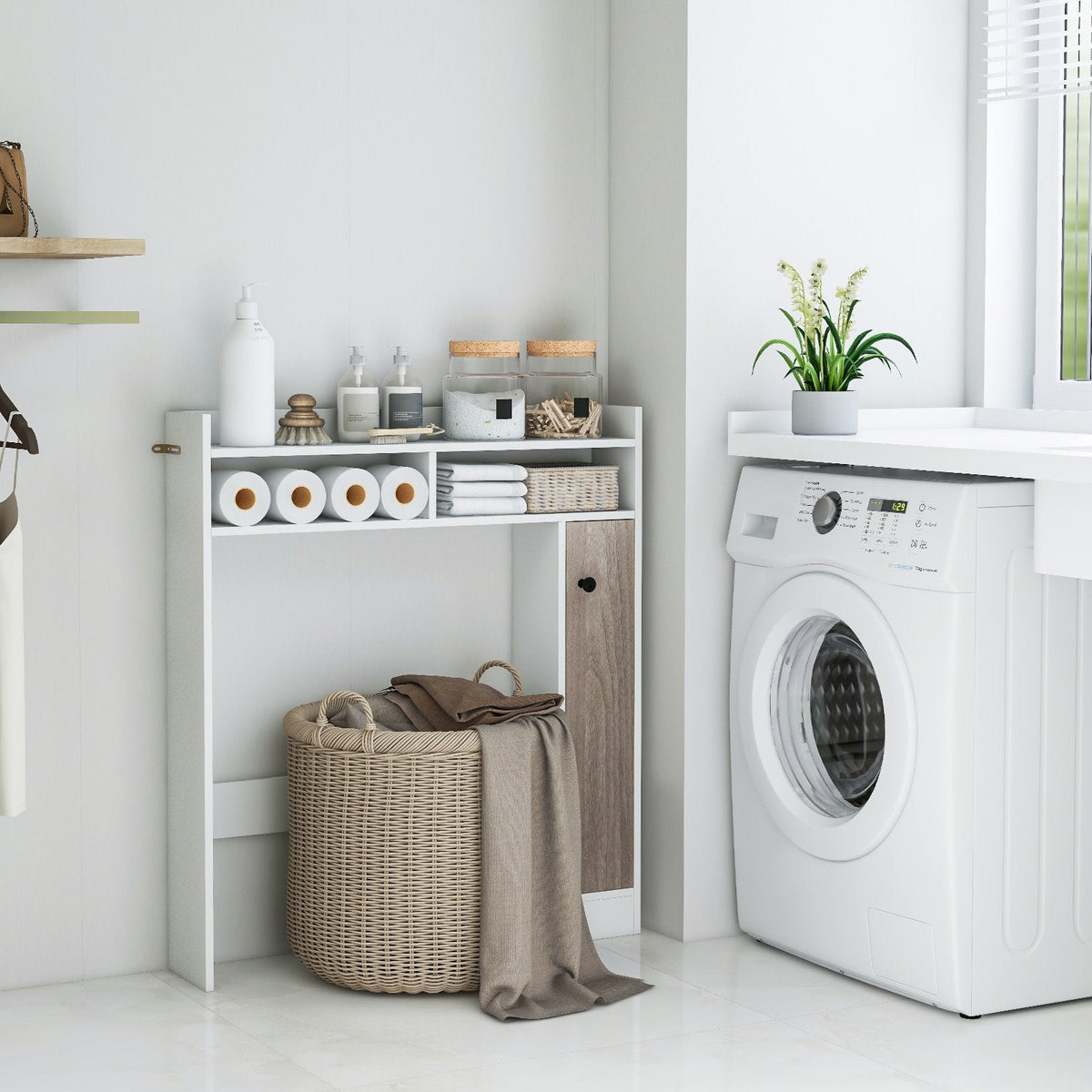 Meuble de rangement pour salle de bains à placer au sol à côté des toilettes, avec étagères réglables – Blanc