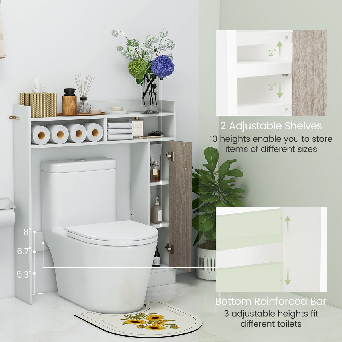Meuble de rangement pour salle de bains à placer au sol à côté des toilettes, avec étagères réglables – Blanc