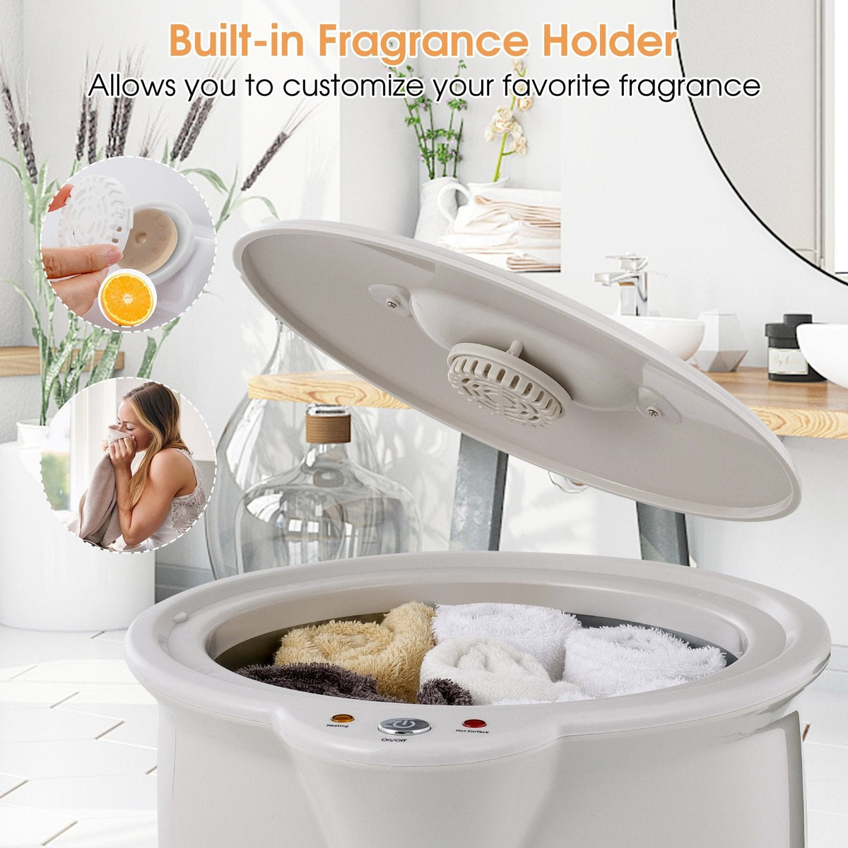 Cubo calentador de toallas para baño con portaroma y apagado automático-Gris