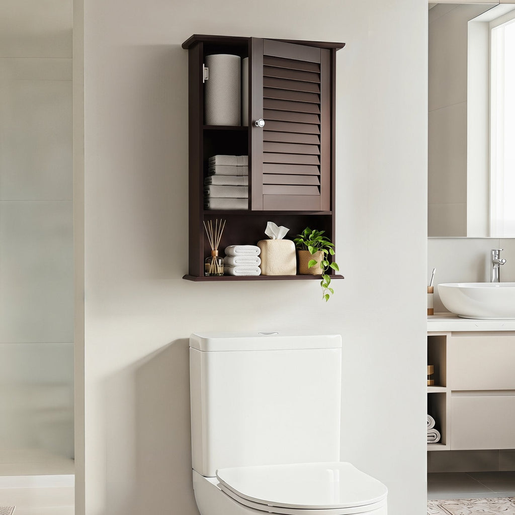 Armario de pared para baño con una puerta y estante regulable en altura, marrón rústico
