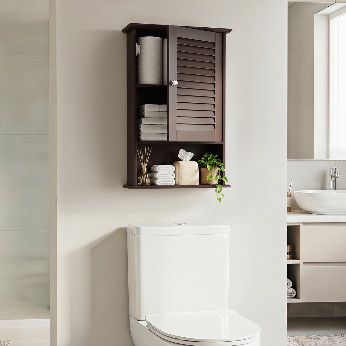 Armario de pared para baño con una puerta y estante regulable en altura, marrón rústico