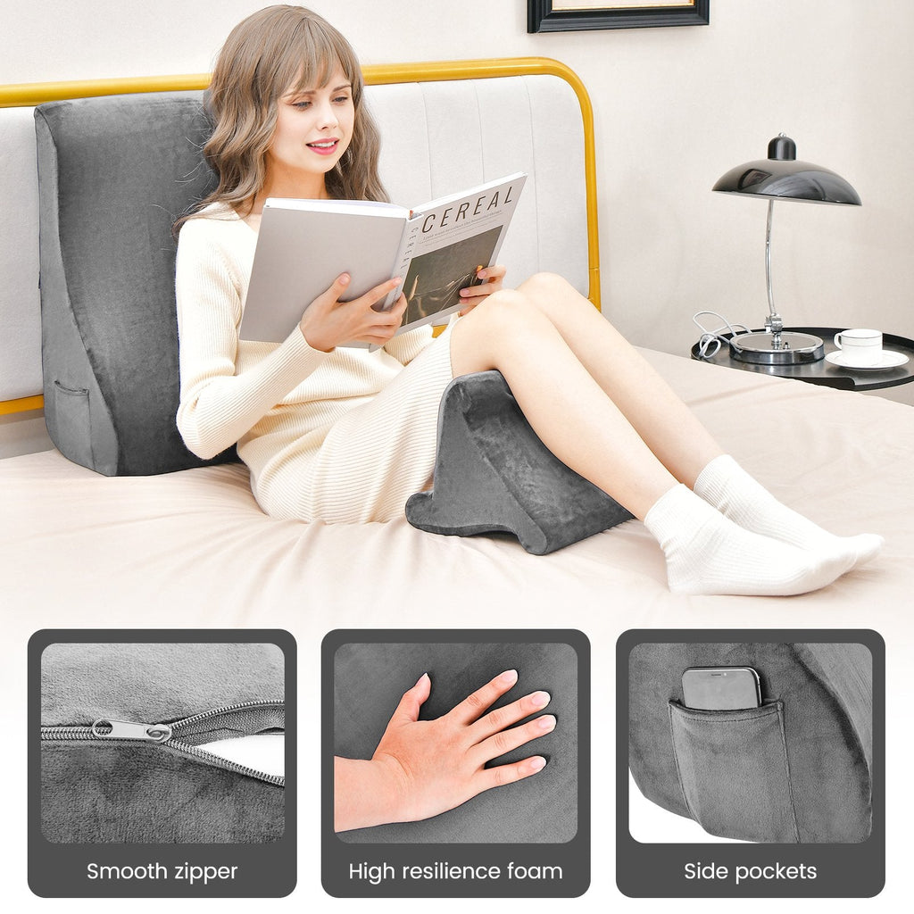 Keil-Bettkissen mit Tablet-Halterung und Seitentaschen – Grau
