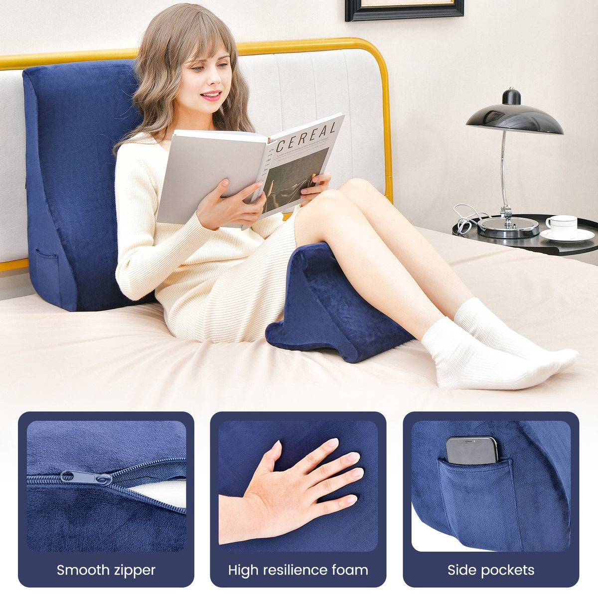 Oreiller compensé avec support de tablette et poches latérales - Bleu marine
