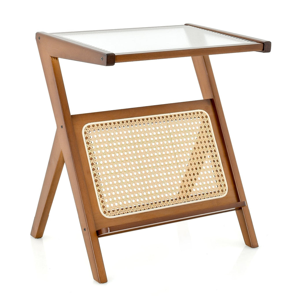 Boho End Table with Tempered Glass Top and Woven Rattan Magazine Rack