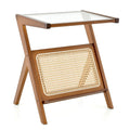 Boho End Table with Tempered Glass Top and Woven Rattan Magazine Rack