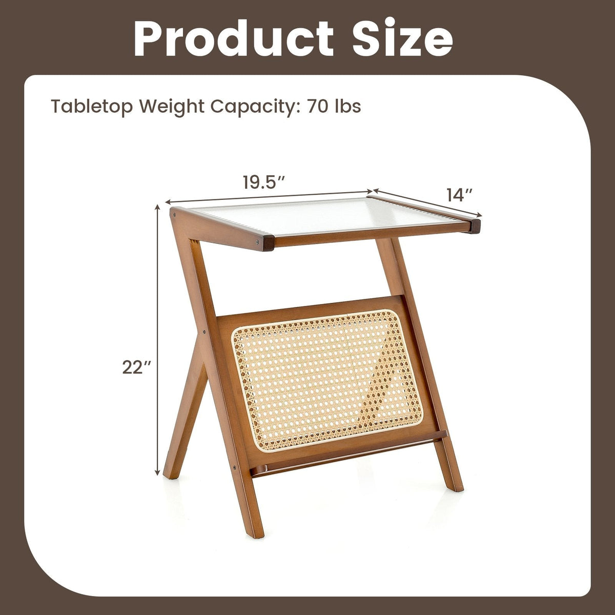 Boho End Table with Tempered Glass Top and Woven Rattan Magazine Rack