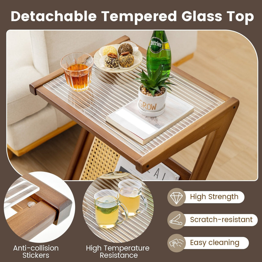 Boho End Table with Tempered Glass Top and Woven Rattan Magazine Rack