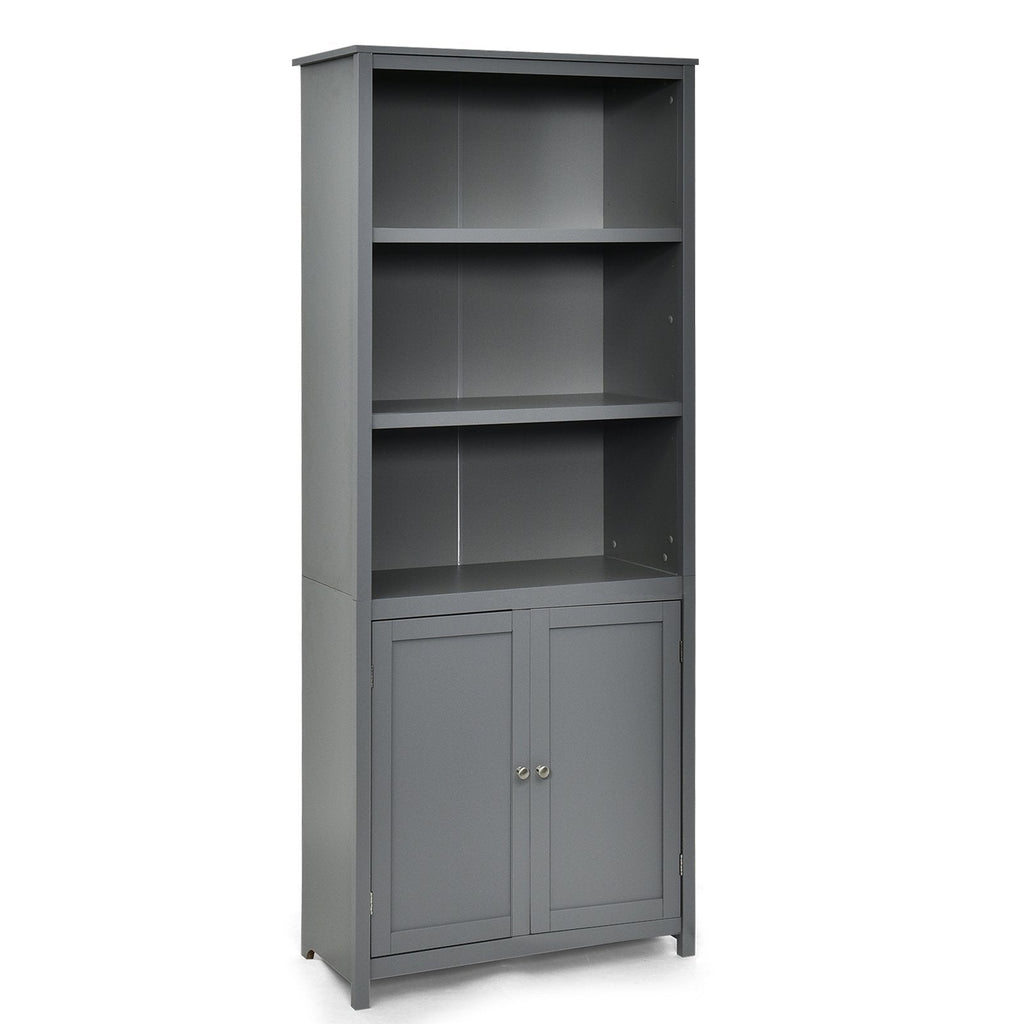 Hoher Bücherregal mit 3 offenen Fächern und einem 2-türigen Schrank, Grau