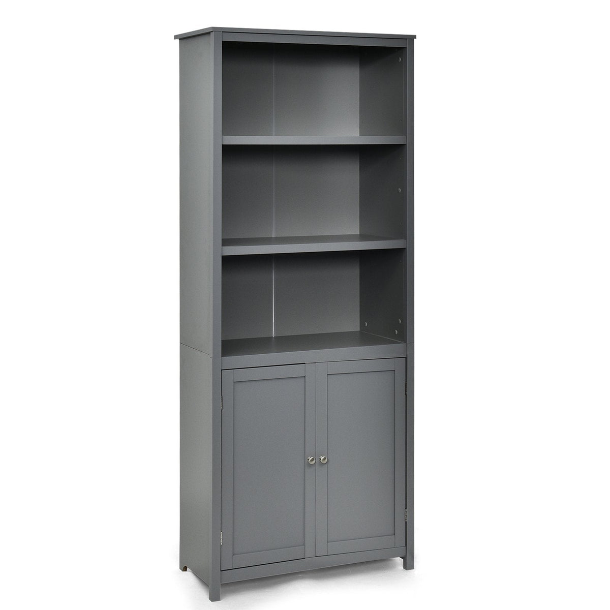 Hoher Bücherregal mit 3 offenen Fächern und einem 2-türigen Schrank, Grau