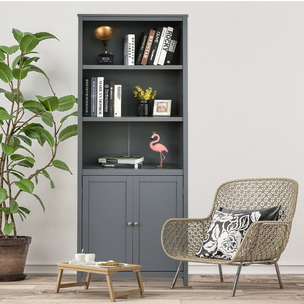 Hoher Bücherregal mit 3 offenen Fächern und einem 2-türigen Schrank, Grau