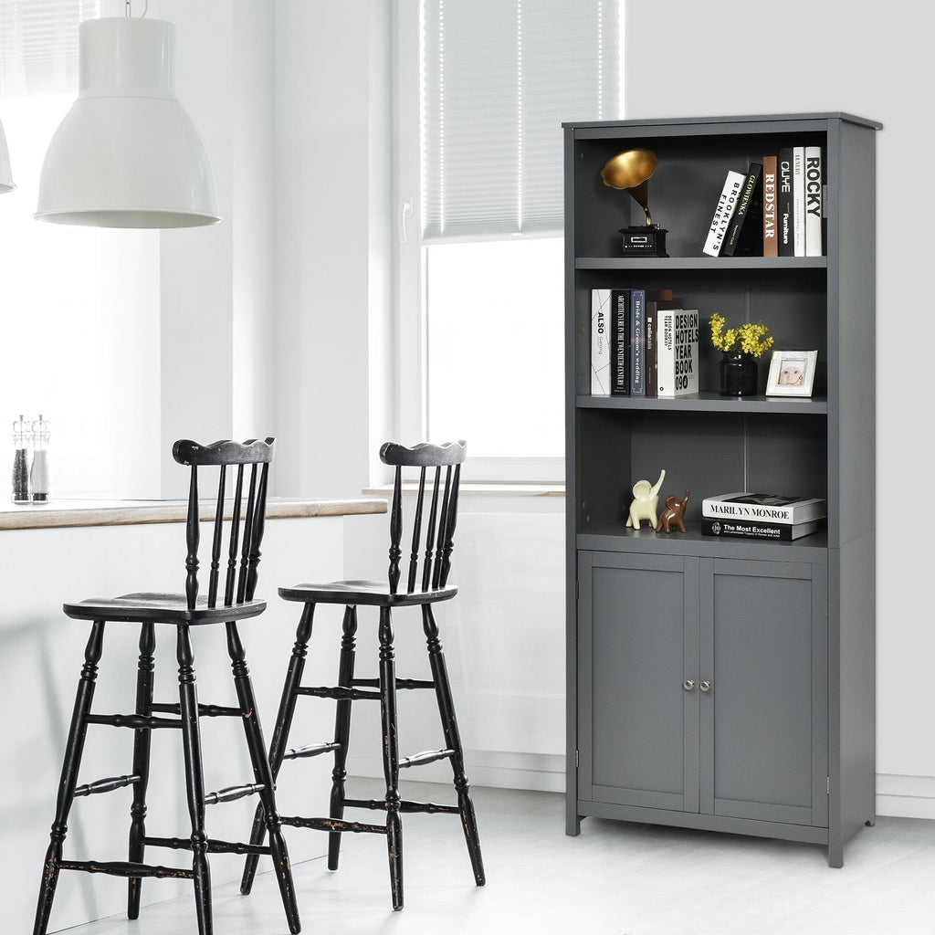 Hoher Bücherregal mit 3 offenen Fächern und einem 2-türigen Schrank, Grau