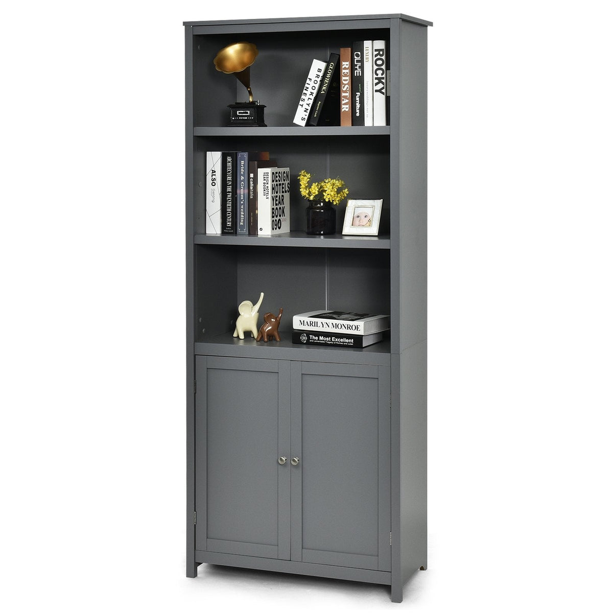 Hoher Bücherregal mit 3 offenen Fächern und einem 2-türigen Schrank, Grau