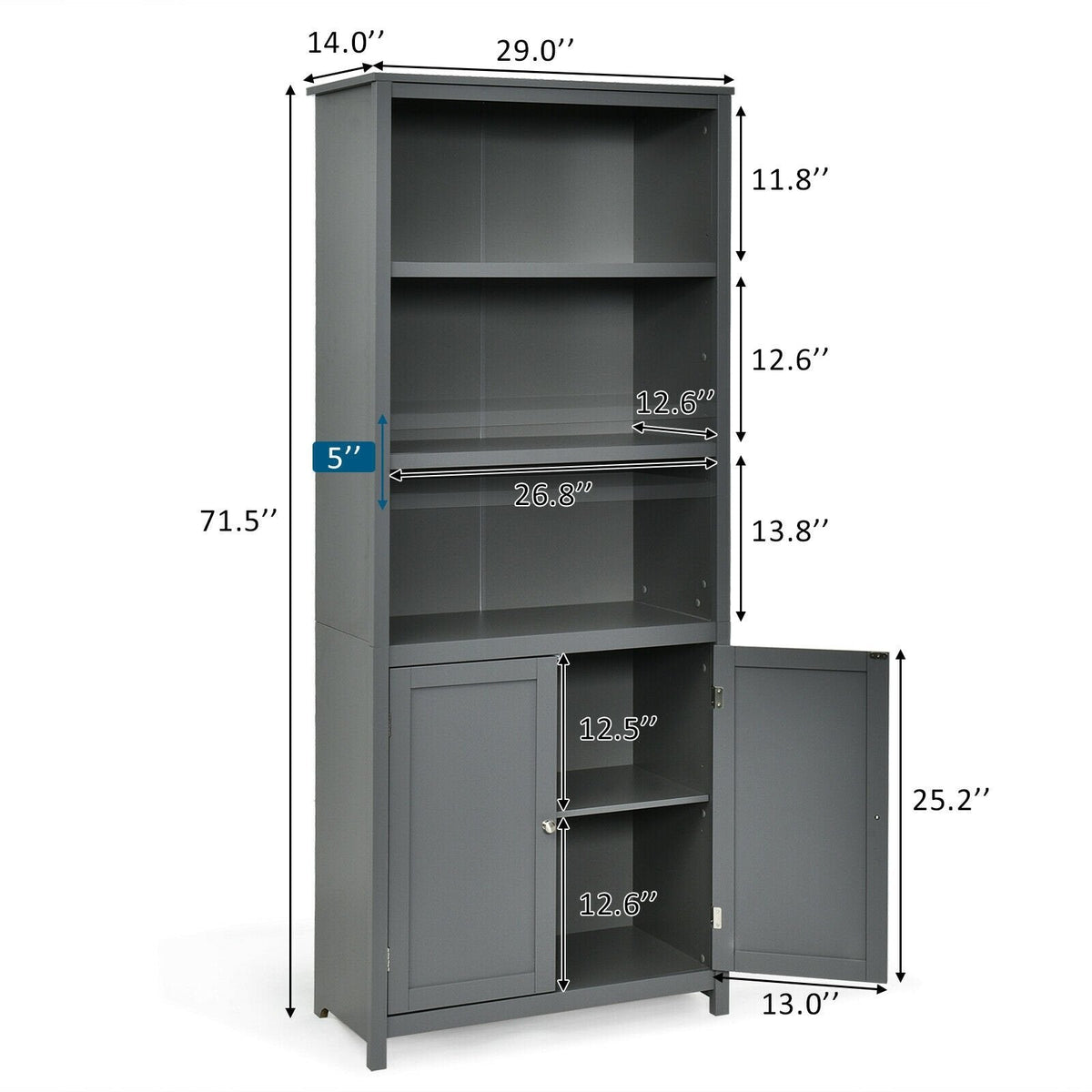 Hoher Bücherregal mit 3 offenen Fächern und einem 2-türigen Schrank, Grau