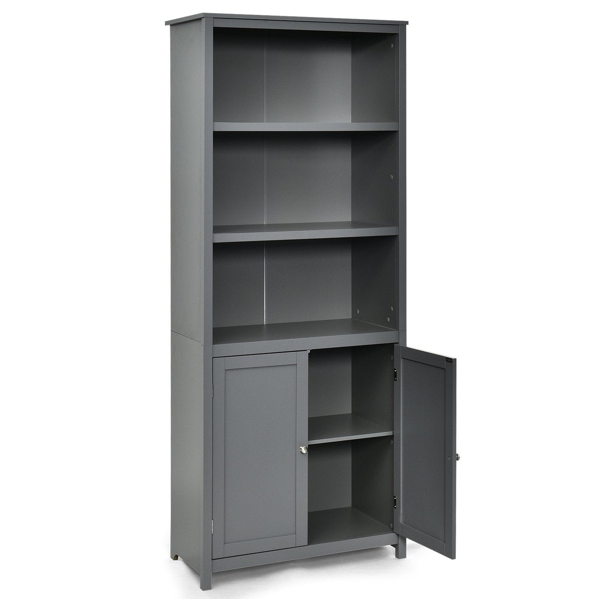 Hoher Bücherregal mit 3 offenen Fächern und einem 2-türigen Schrank, Grau