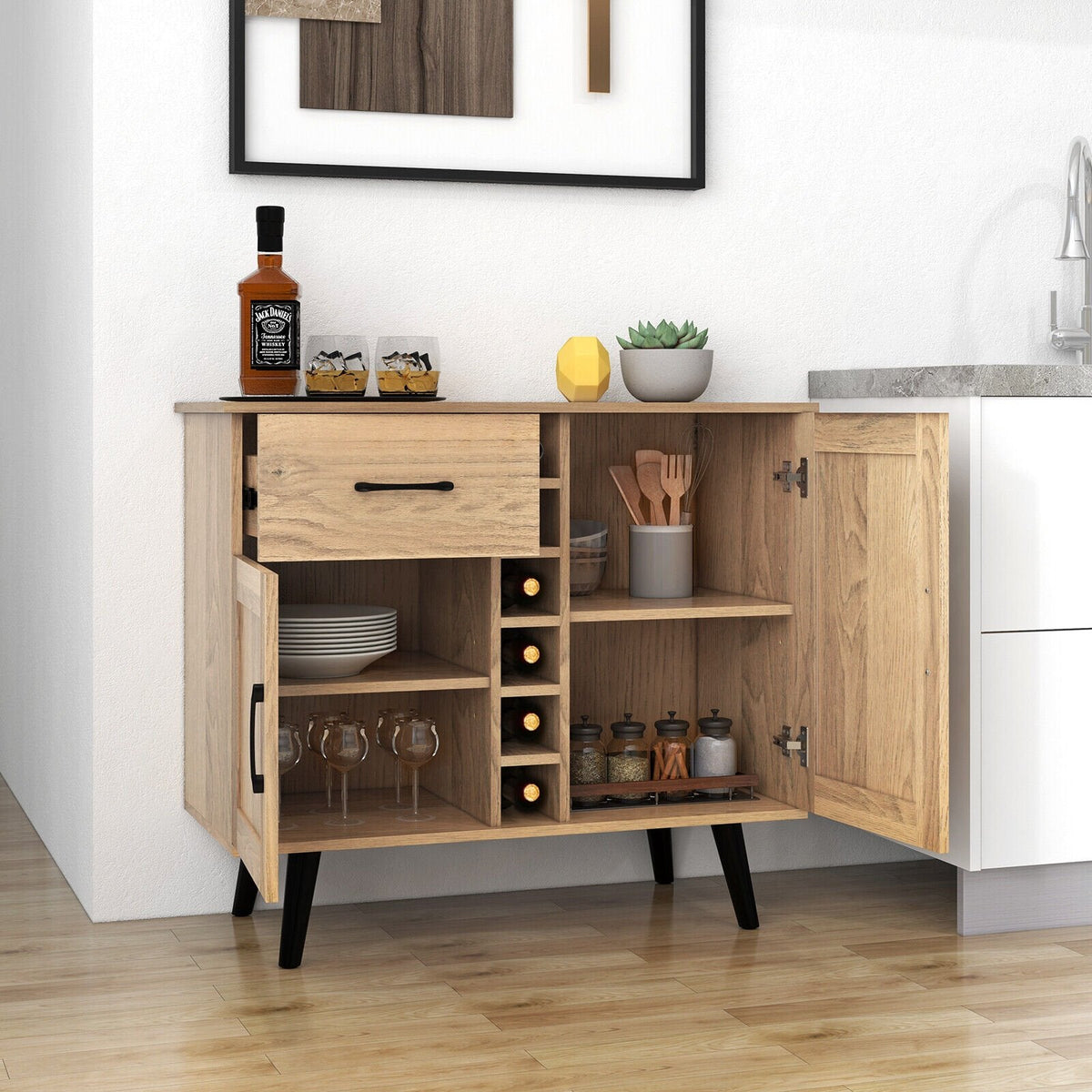 Aparador buffet de 2 puertas con cajón para 6 botellas de vino