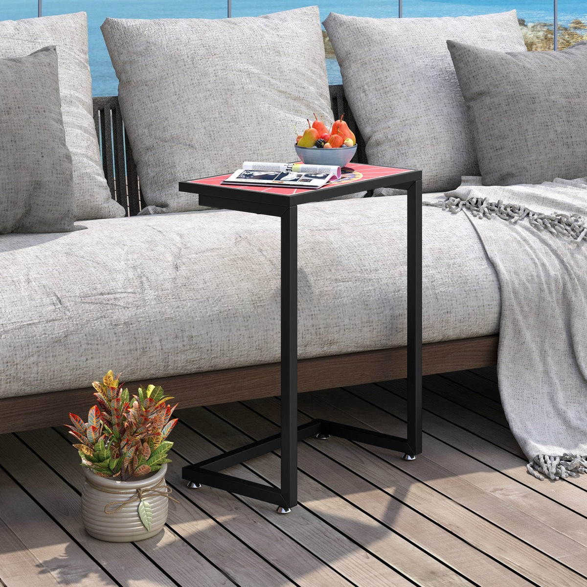 Mesa auxiliar/lateral en forma de C impermeable para exteriores con tapa de cerámica