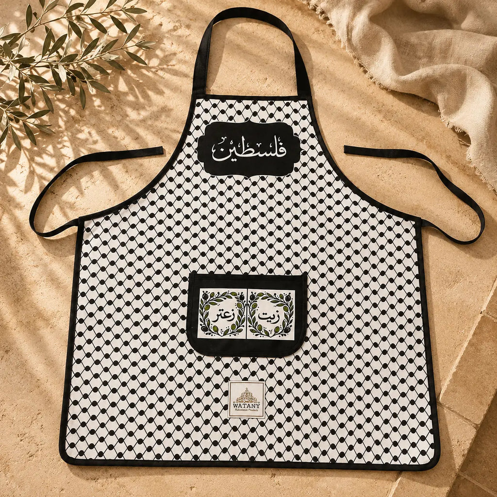 Palestinian Keffiyeh Cooking Apron – Olive Oil & Za'atar Pocket - Large
