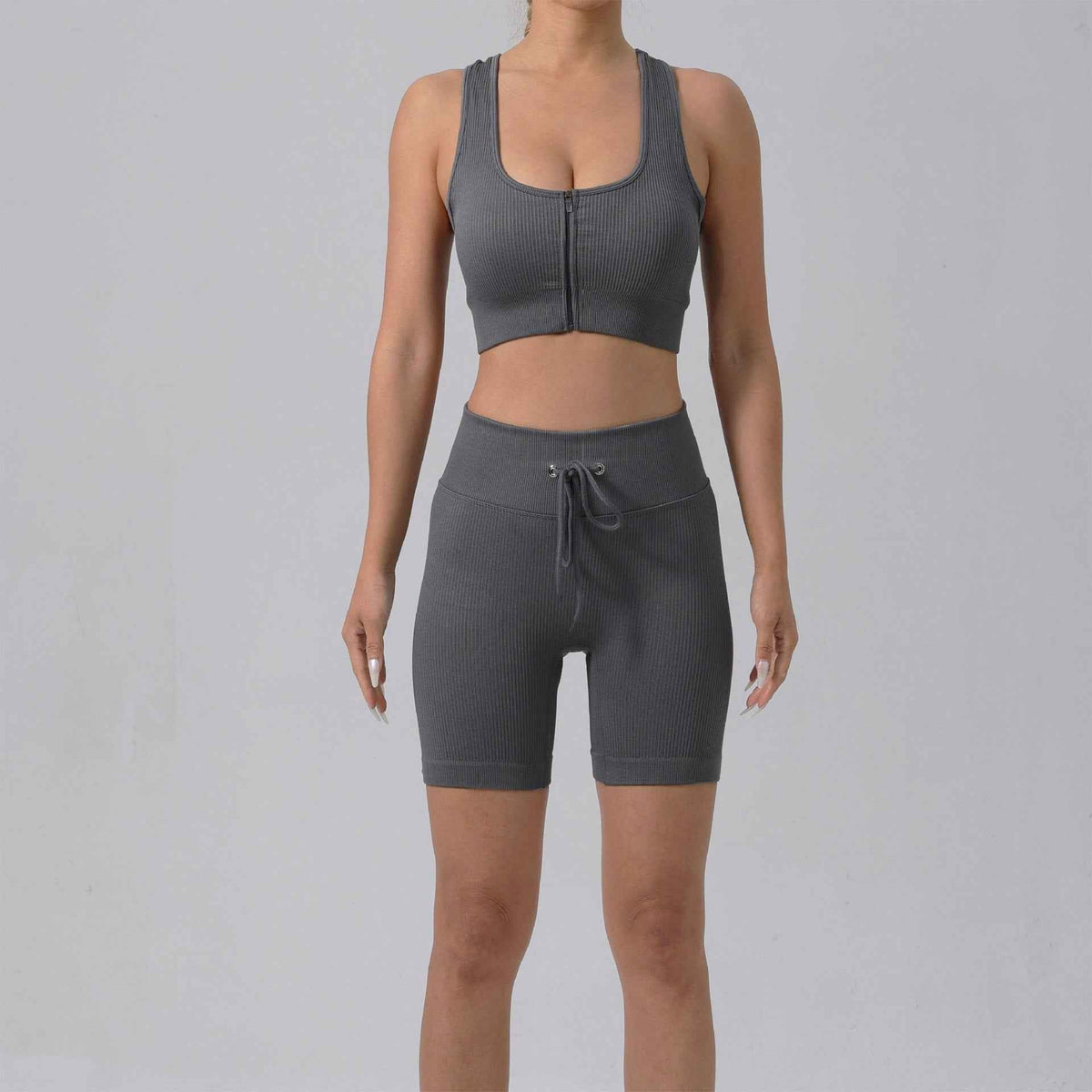Gepolstertes Lauf-BH- & Yoga-Outfit-Set – Schnelltrocknende gerippte Sportbekleidung für Damen