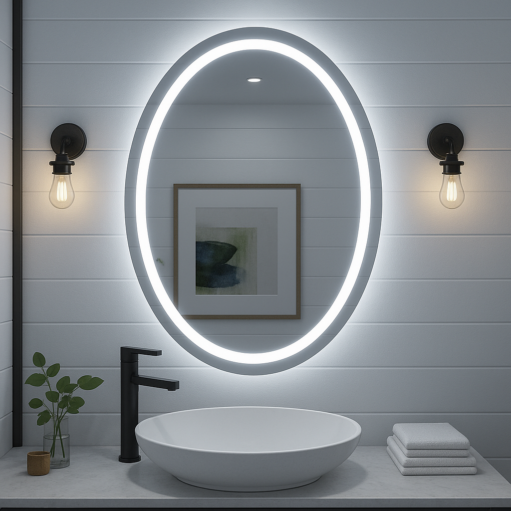 Espejo de baño LED ovalado Ondelle: aro con iluminación frontal + halo retroiluminado, antivaho | 24″×32″, 30″×36″